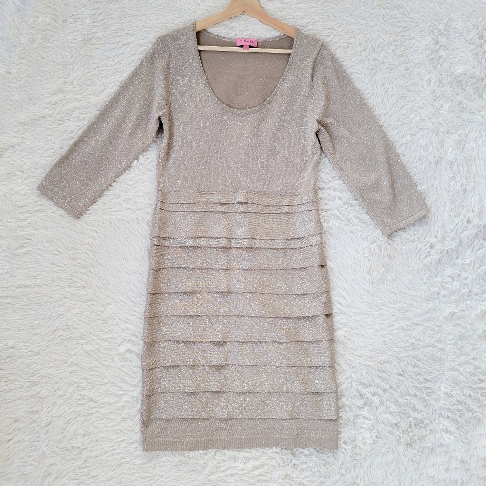 Carmen Marc Valvo Brown‎ Metallic Ruffle Dress